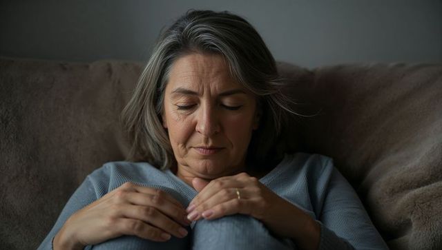 Gray-haired woman reflecting while sitting on sofa, hands clasped on knees, calm portrait