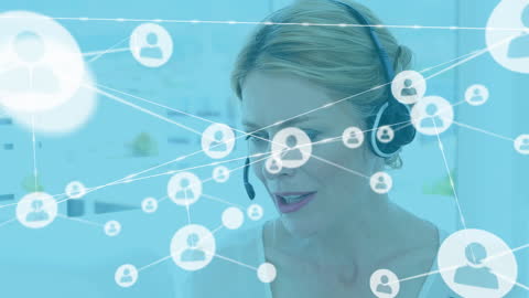 Businesswoman Using Headset with Digital Networking Overlay