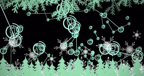 Abstract Digital Snowfall with Media Icons and Pine Trees