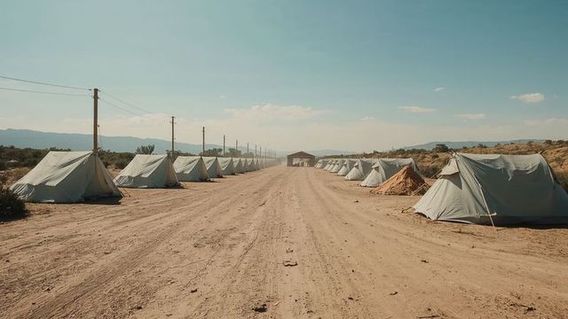 Rustic Desert Camp with Canvas Tents on Dirt Road