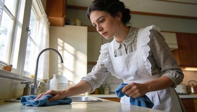 Vintage homemaker cleaning sunlit kitchen countertop while wearing eyelet apron