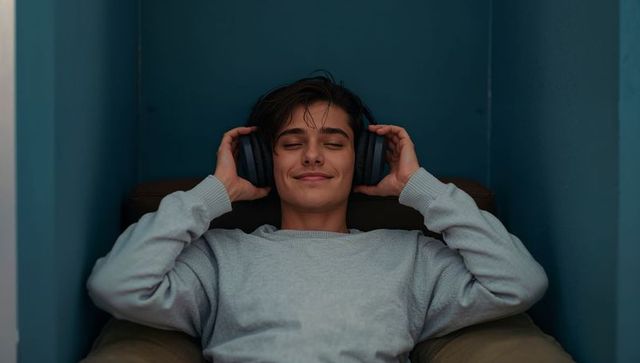 Teen relaxing with headphones in cozy teal corner nook wearing grey sweatshirt