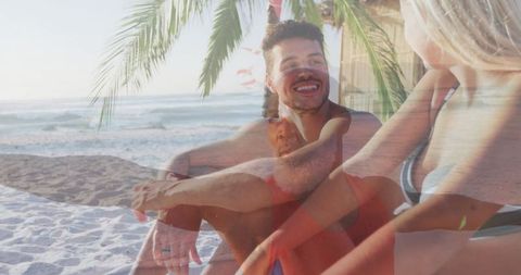 Friends Relaxing on Tropical Beach with Ocean View