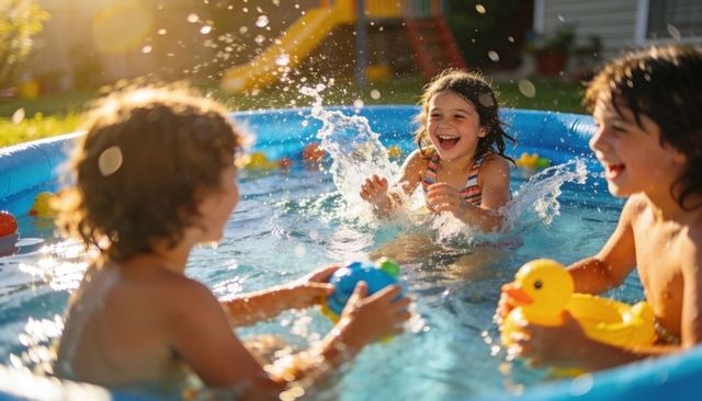 Joyful children splashing in backyard pool with rubber duck and beach ball, summer fun