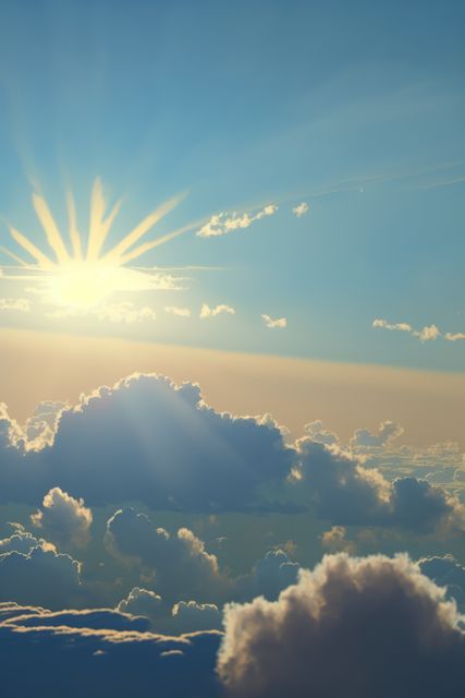 Scenery with clouds, sky and sun, created using generative ai technology. Cloud and sky scenery, weather and beauty in nature concept digitally generated image.