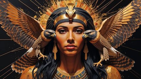 Goddess with ornate egyptian cleopatra headdress and golden halo