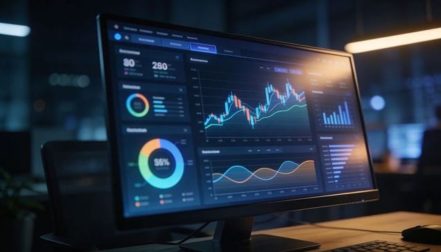 Widescreen financial dashboard showing market charts and real-time data visualizations