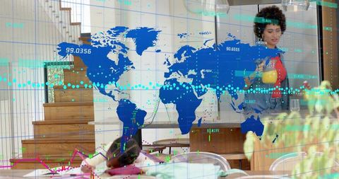 Woman pouring orange juice while child resting on homework with global data overlay