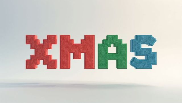 3d pixel block letters spelling xmas floating above minimal studio floor with soft shadows