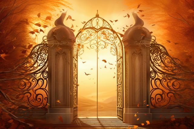 Gates of heaven with clouds and leaves, created using generative ai technology. Heaven, sky and paradise concept digitally generated image.