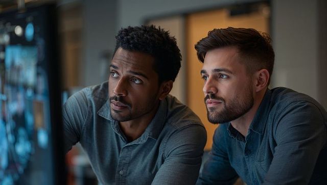 Two professionals examining data on large vertical monitor in modern office working at night