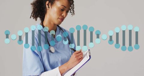 Nurse Writing with DNA Strand Background Symbolizing Genetics Research