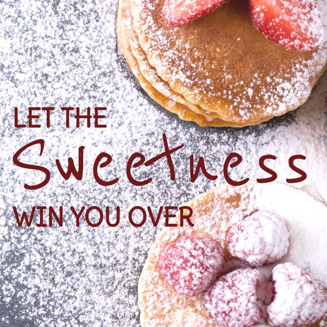 Illustration features delicious pancakes topped with powdered sugar and strawberries, surrounded by text that reads 'Let the sweetness win you over'. Perfect for food blogs, social media posts, breakfast promotions, and culinary websites.