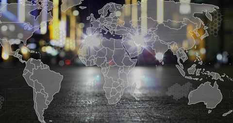 Transparent World Map Over Urban Nightscape with City Lights