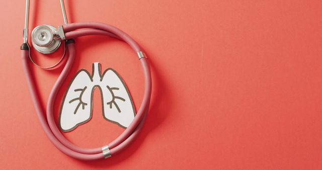 Image of lungs icon and stethoscope lying on pink background. health, prevention, medicine, symbols and cancer awareness concept.