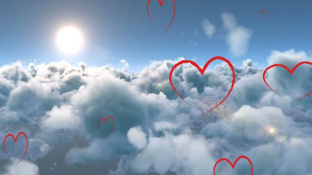 Digital scene depicting floating hearts amidst a serene cloudscape with bright sunlight. This whimsical and dreamy illustration symbolizes love, peace, and positivity. Ideal for backgrounds, romantic themes, digital marketing, and conveying messages of affection.