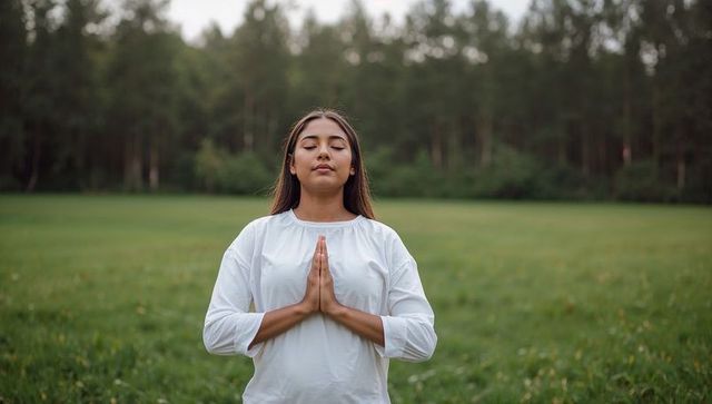 Young woman meditating in meadow with namaste hands, serene forest background, wellness