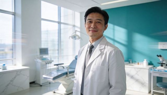 Smiling male physician standing in sunlit modern clinic wearing lab coat and tie