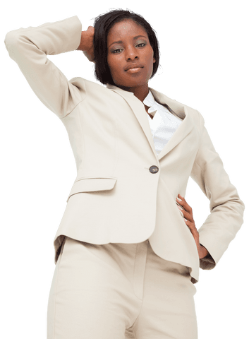 Confident Businesswoman in Beige Pantsuit on Transparent Background