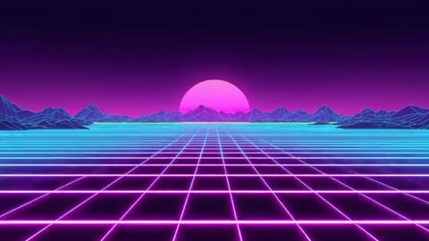 Futuristic Retro Video with Neon Sci-Fi Horizon and Pulsing Grid