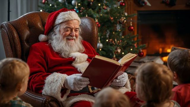 Santa Reading to Children Near Fireplace at Christmas