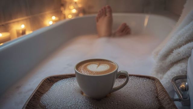 Soaking in bubble bath with latte heart on tray, candles glowing, cozy self-care evening
