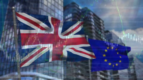British and EU Flags with Financial Data Overlay