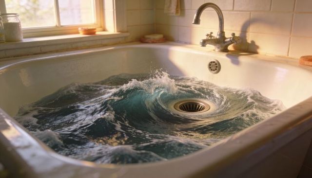 Swirling whirlpool draining in sunlit porcelain bathtub with vintage faucet