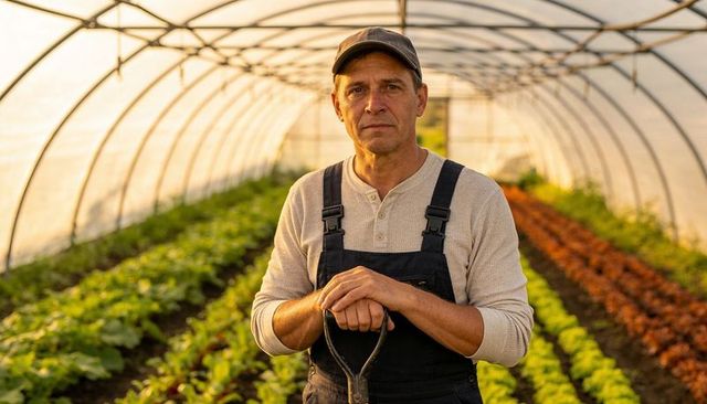 Middle-aged farmer standing in polytunnel holding garden fork among lush vegetable rows