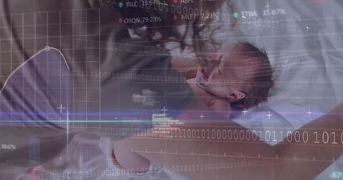Mother nurturing baby with technology overlay