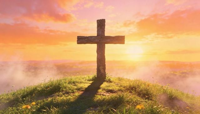 Weathered wooden cross standing on misty hilltop at sunrise casting long shadow
