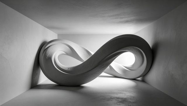 Monochrome mobius loop sculpture backlit in minimalist gallery with dramatic shadows