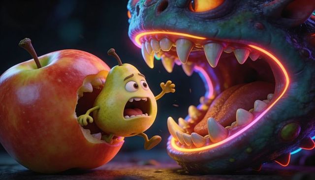 Animated pear escaping bitten apple, leaping into neon monster mouth in dramatic fantasy