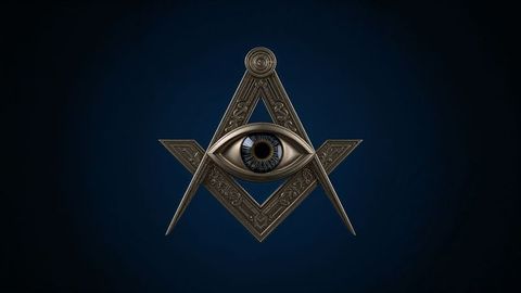 Mystical masonic emblem with all seeing eye on dark blue