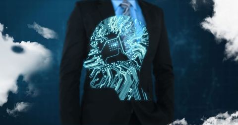 Businessman with Digital Brain Overlay Symbolizes Futuristic Innovation