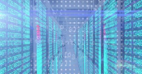 Futuristic Data Center Corridor with Digital Overlay