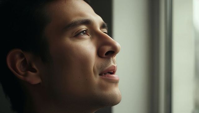Young man gazing out window in soft natural light contemplative close-up portrait muted tones