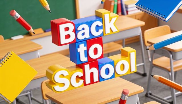 Stacking back to school 3d letter blocks on classroom desk with floating pencils