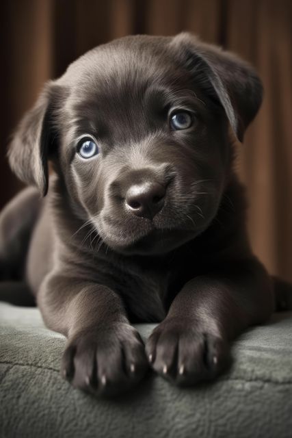 Portrait of cute brown puppy with blue eyes lying on sitting, created using generative ai technology. Dogs, domestic animals and pets concept digitally generated image.