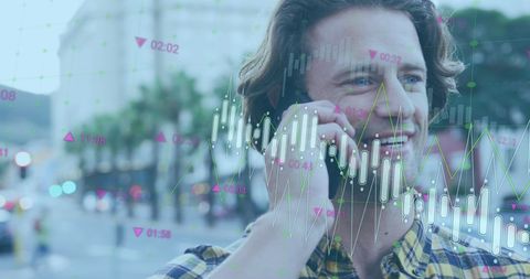 Earnest Male Professional Talking on Smartphone with Data Graphics Overlay - Download Free Stock Images Pikwizard.com