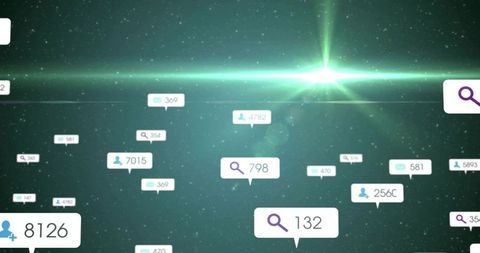 Displaying floating data callouts with search, user and message metrics in futuristic hud