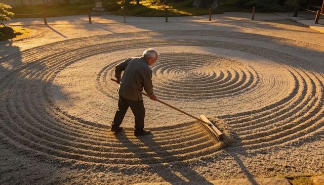 Senior gardener raking concentric spirals in karesansui garden at golden hour, serene ritual