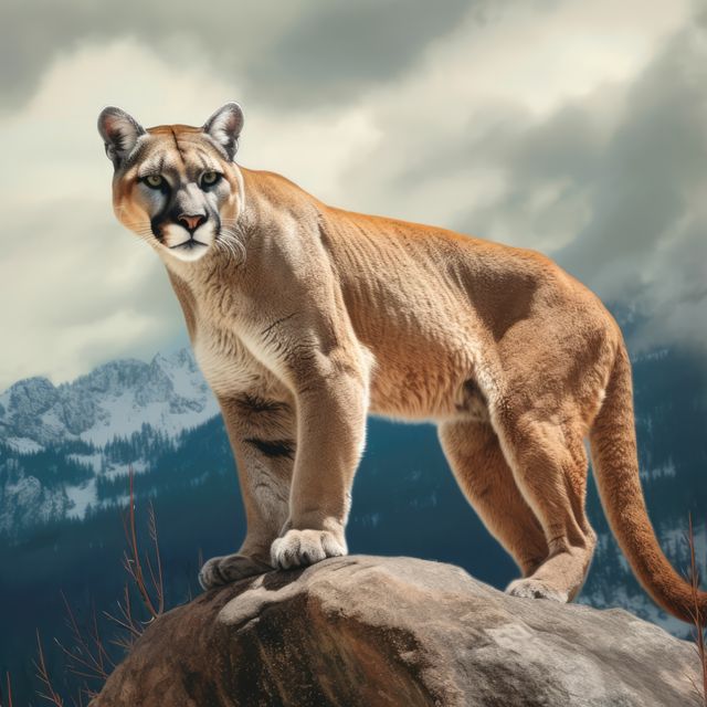 Image depicts a mountain cougar standing confidently on a rock with a snowy mountain backdrop. Useful for themes of wildlife, power, predator-prey relationships, and nature-related projects. Can be used in educational materials, animal documentaries, and nature conservation campaigns.