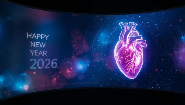 Futuristic neon anatomical heart hologram with happy new year 2026 text on curved screen