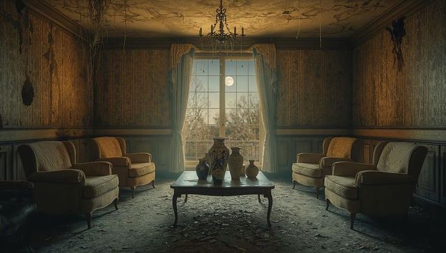Eerie vintage parlor with vases under moonlight
