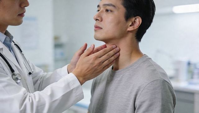 Asian man receiving neck palpation from doctor in clinic, stethoscope, medical checkup