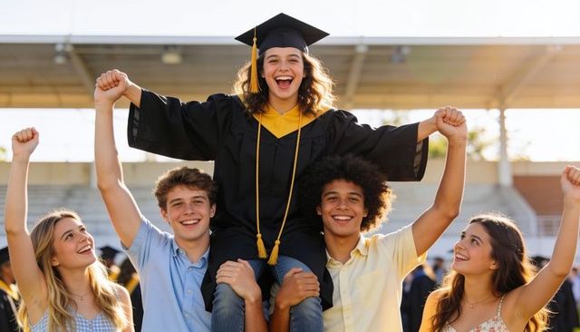 Graduate celebrating on friends' shoulders, lifting arms, cheering at outdoor commencement