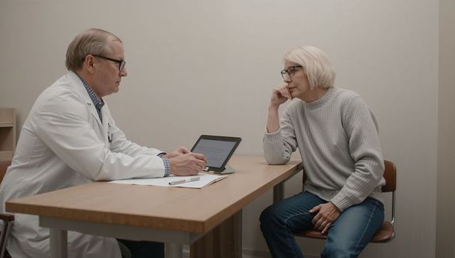 Doctor consulting mature woman in clinic using tablet for medical review and patient care