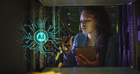 African american it professional in data center with ai interface