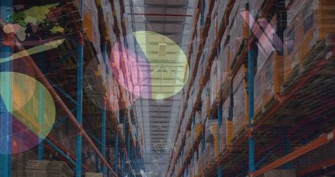 Digital interface overlay on warehouse interior visualizing logistics data